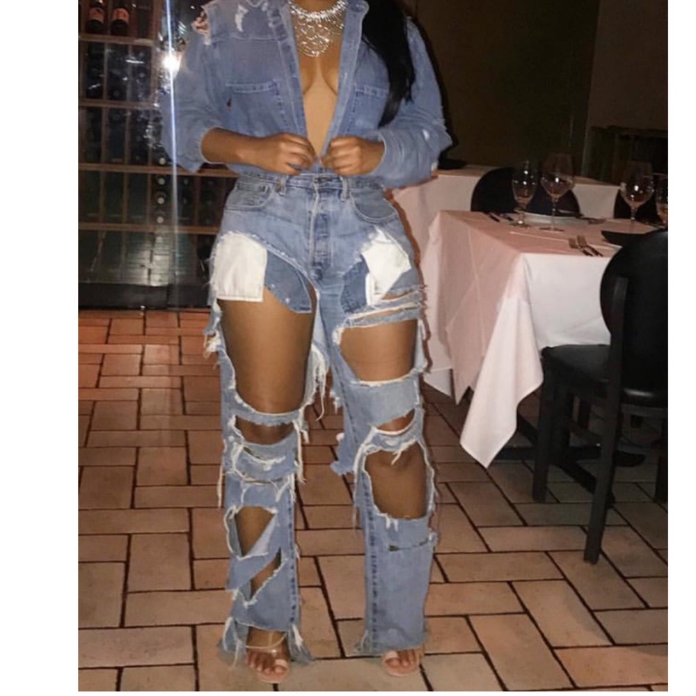 Destroyed Distressed Ripped Jeans Denim, Waist 28